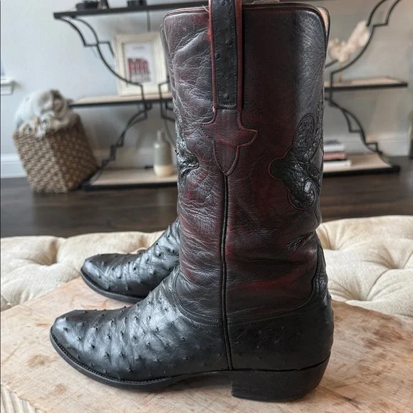 Lucchese Men’s 11.5 Handmade Black Cherry Full Quill Ostrich Cowboy Boots - Picture 4 of 7